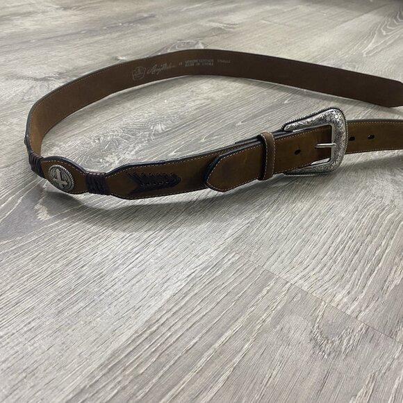 Larry Mahan Cross Western Leather Cowboy Belt Men's Sz 48 Brown Studded - Picture 3 of 5